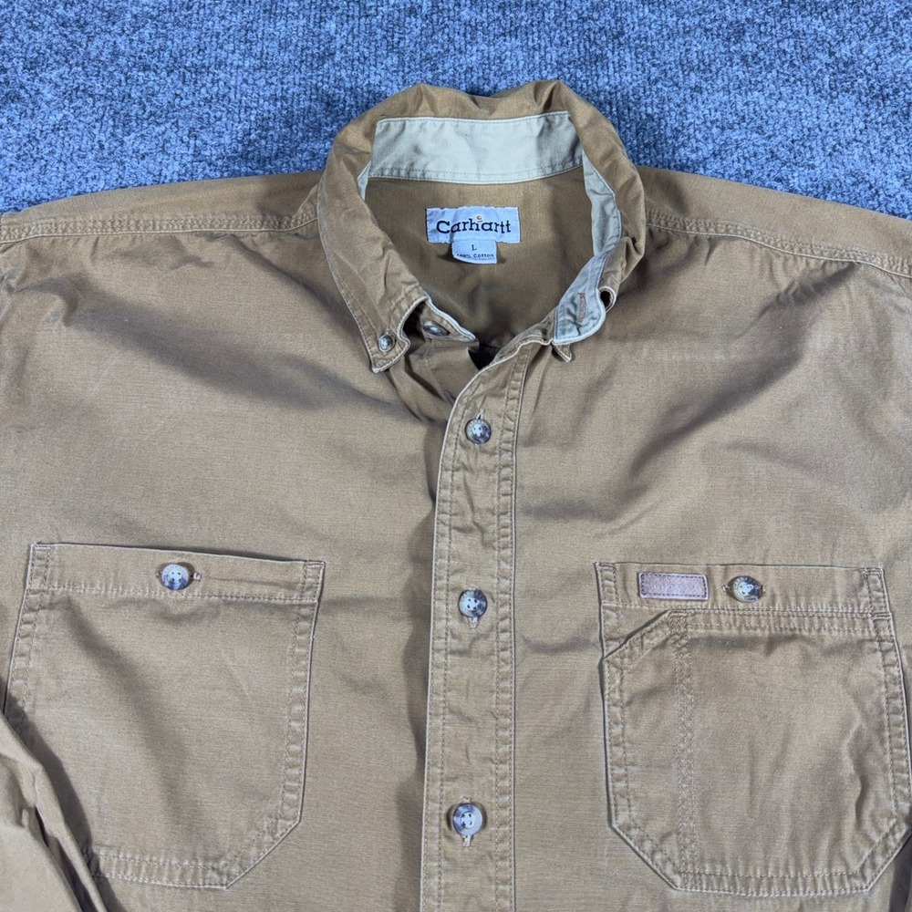 Vintage Carhartt Long Sleeve Cotton Canvas Work Shirt Brown Men's Large - Picture 3 of 11